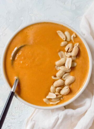 a bowl of peanut butter sweet potato soup.