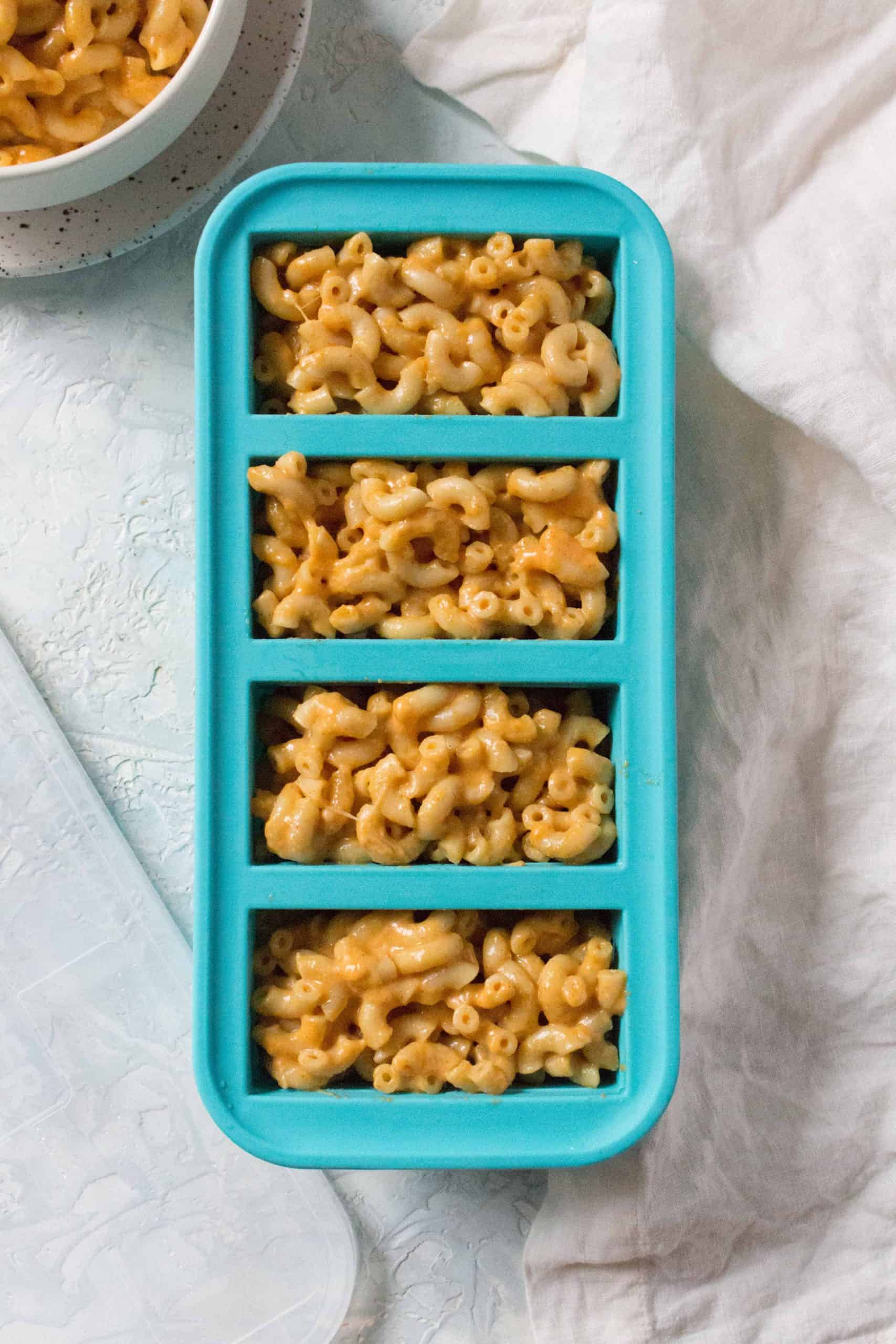 A souper cube holding mac and cheese.