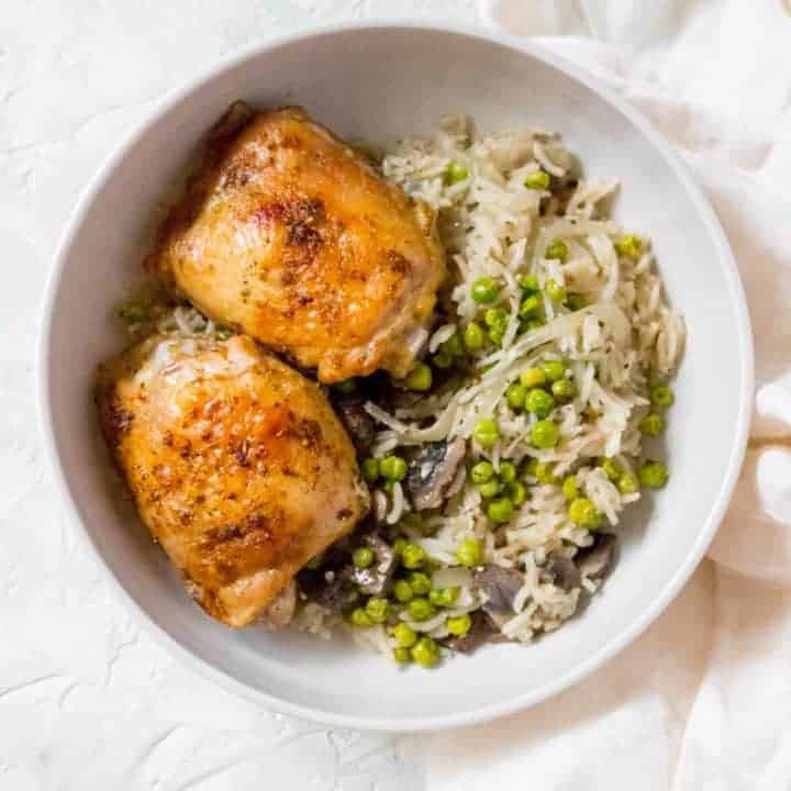 One Pot Chicken and Rice with Mushrooms and Peas