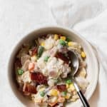 This One Pot Orzo dinner is so creamy and delicious that you can't even tell that it is packed with vegetables! Try this Creamy One Pot Chicken, Vegetable, and Orzo with Bacon tonight!