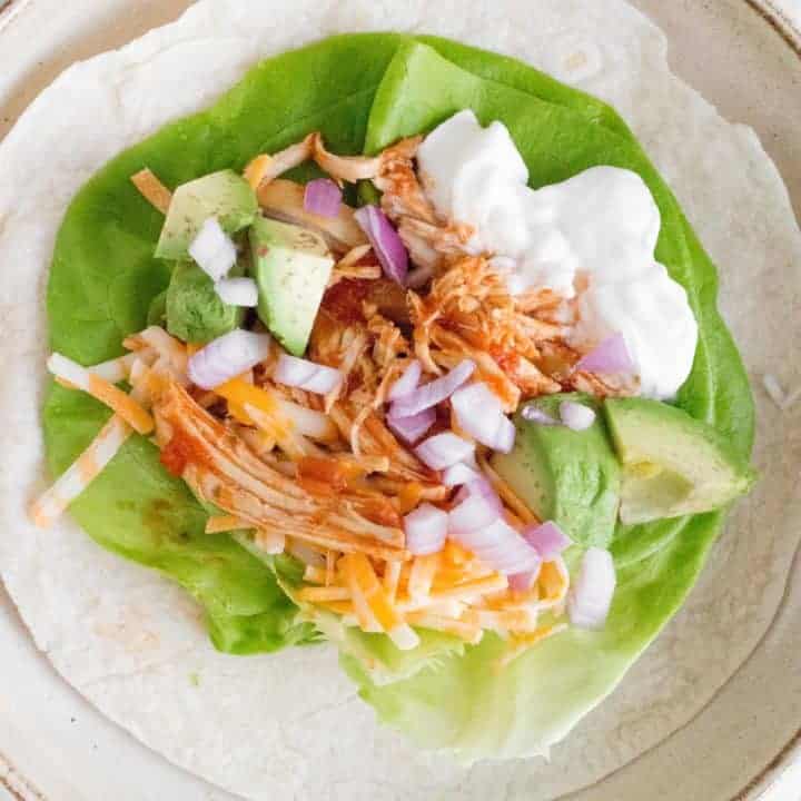 cilantro lime salsa chicken shredded in a flour tortilla with lettuce, onion, sour cream, and cheese