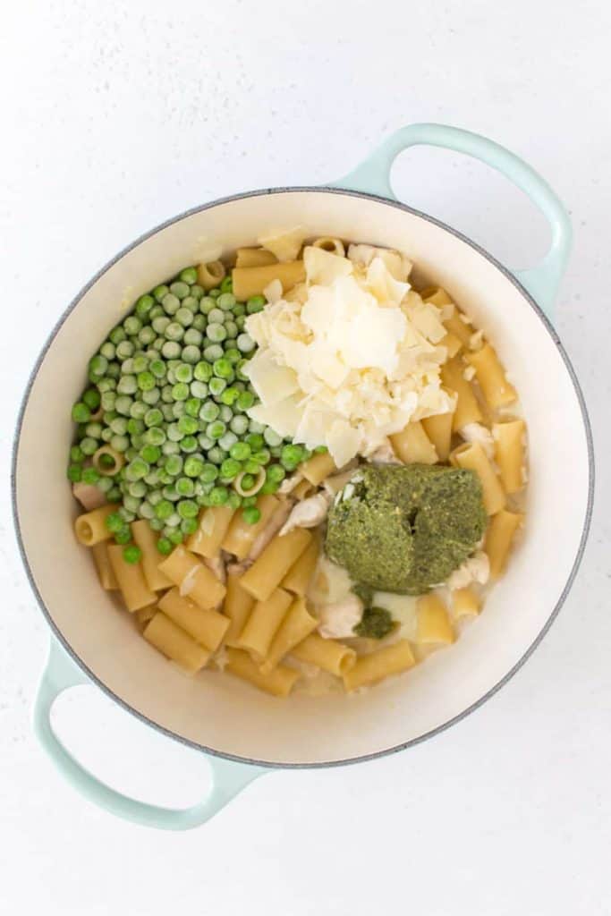 dutch oven with frozen peas parmesan and pesto