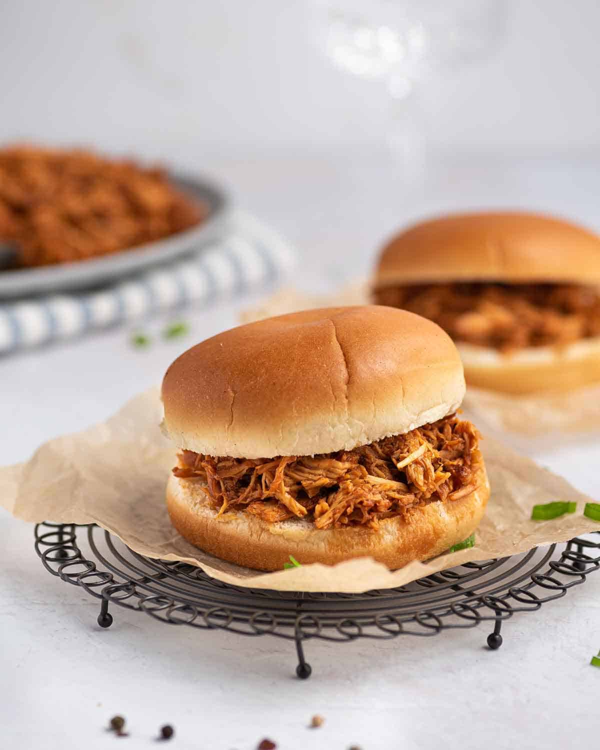 Burger with slow cooker bbq chicken.