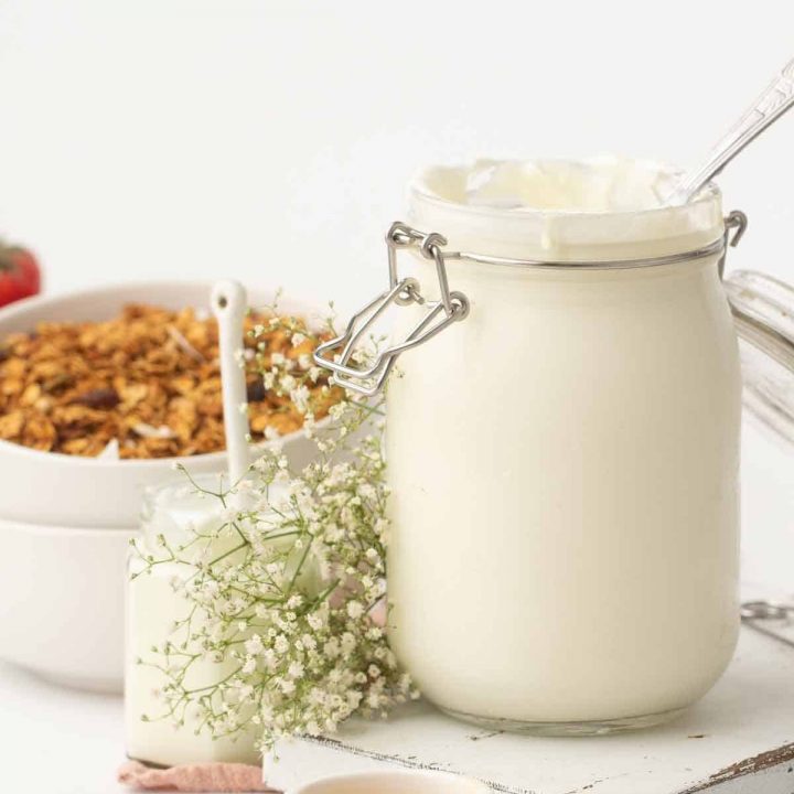 A jar of Instant pot yogurt by honey and granola.