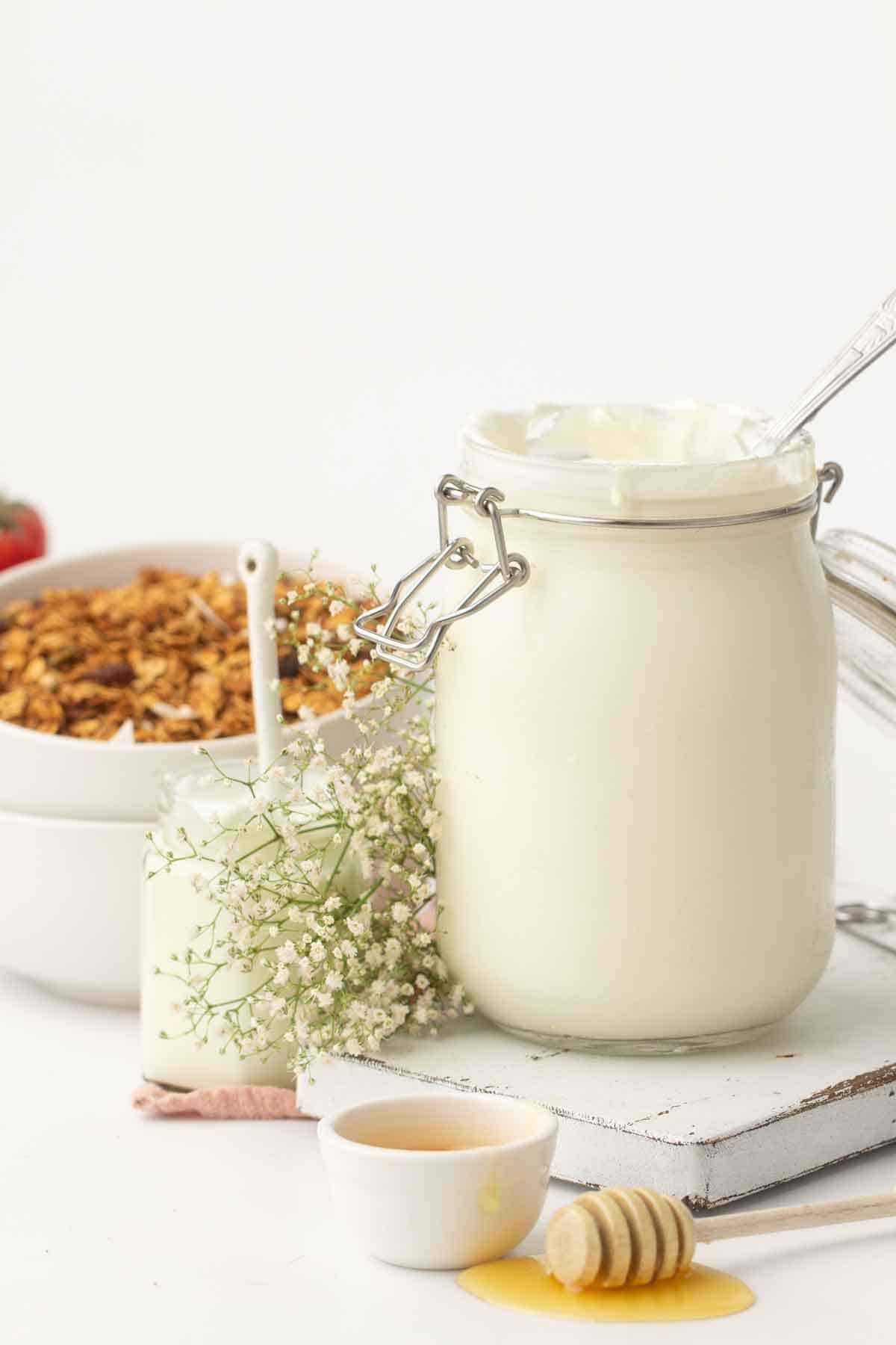 A jar of Instant pot yogurt by honey and granola.