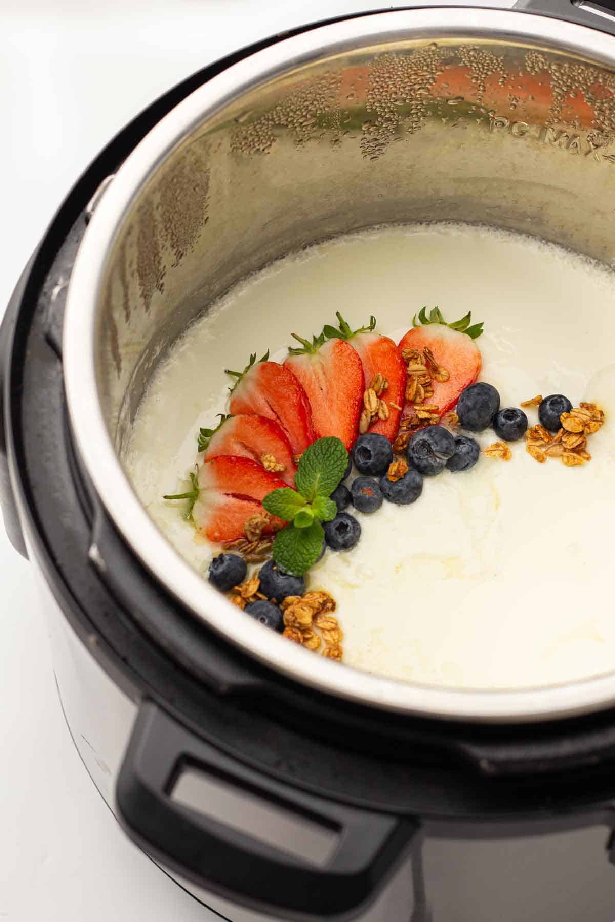 Instant pot yogurt with berries and granola.