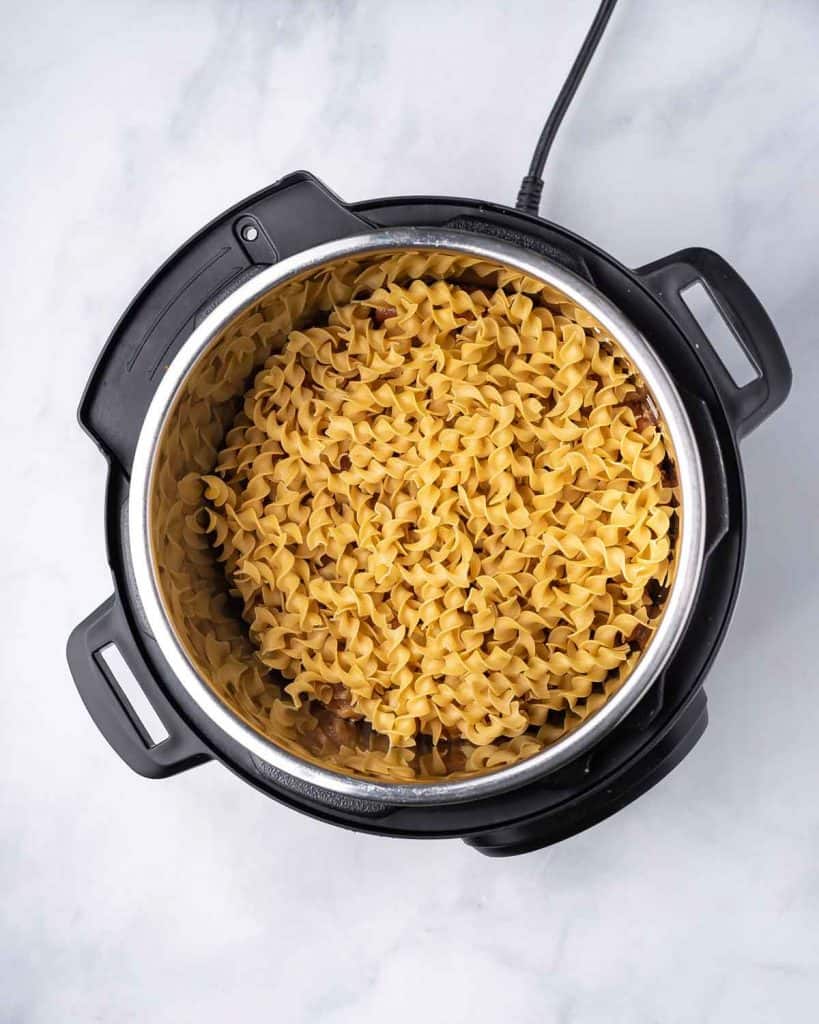 Noodles added to the instant pot.