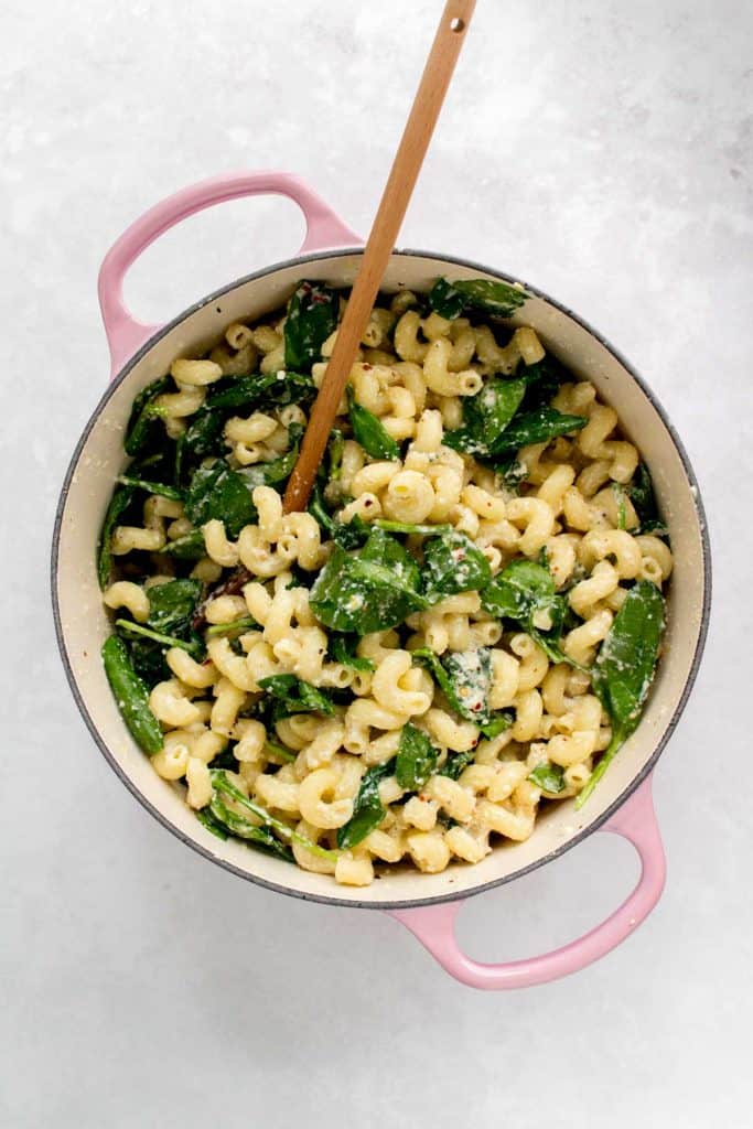 Spinach added to the lemon ricotta pasta.