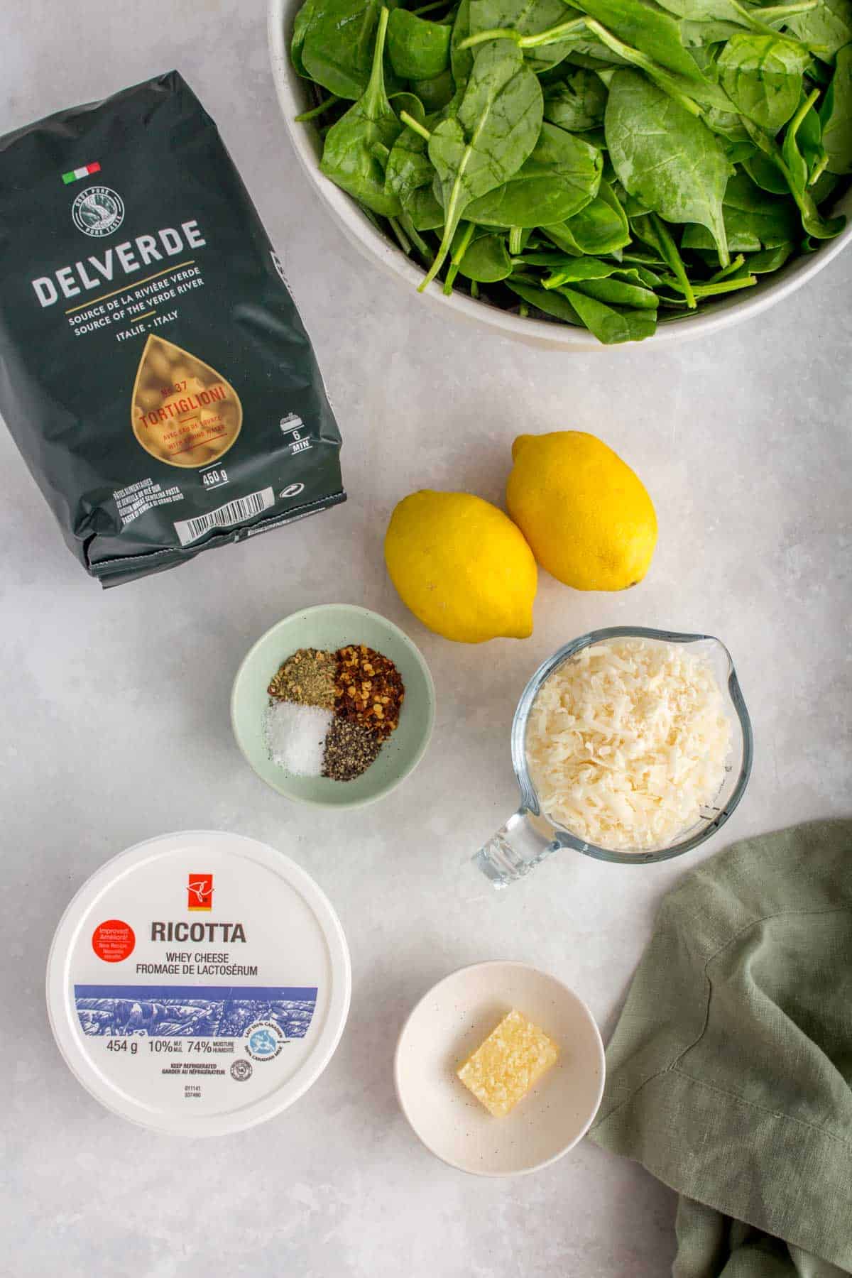 Ingredients needed to make this lemon ricotta pasta.