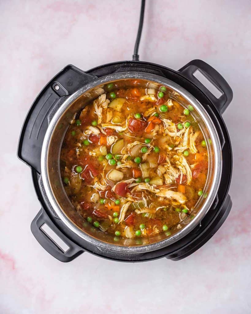 Overhead view of instant pot chicken vegetable soup.