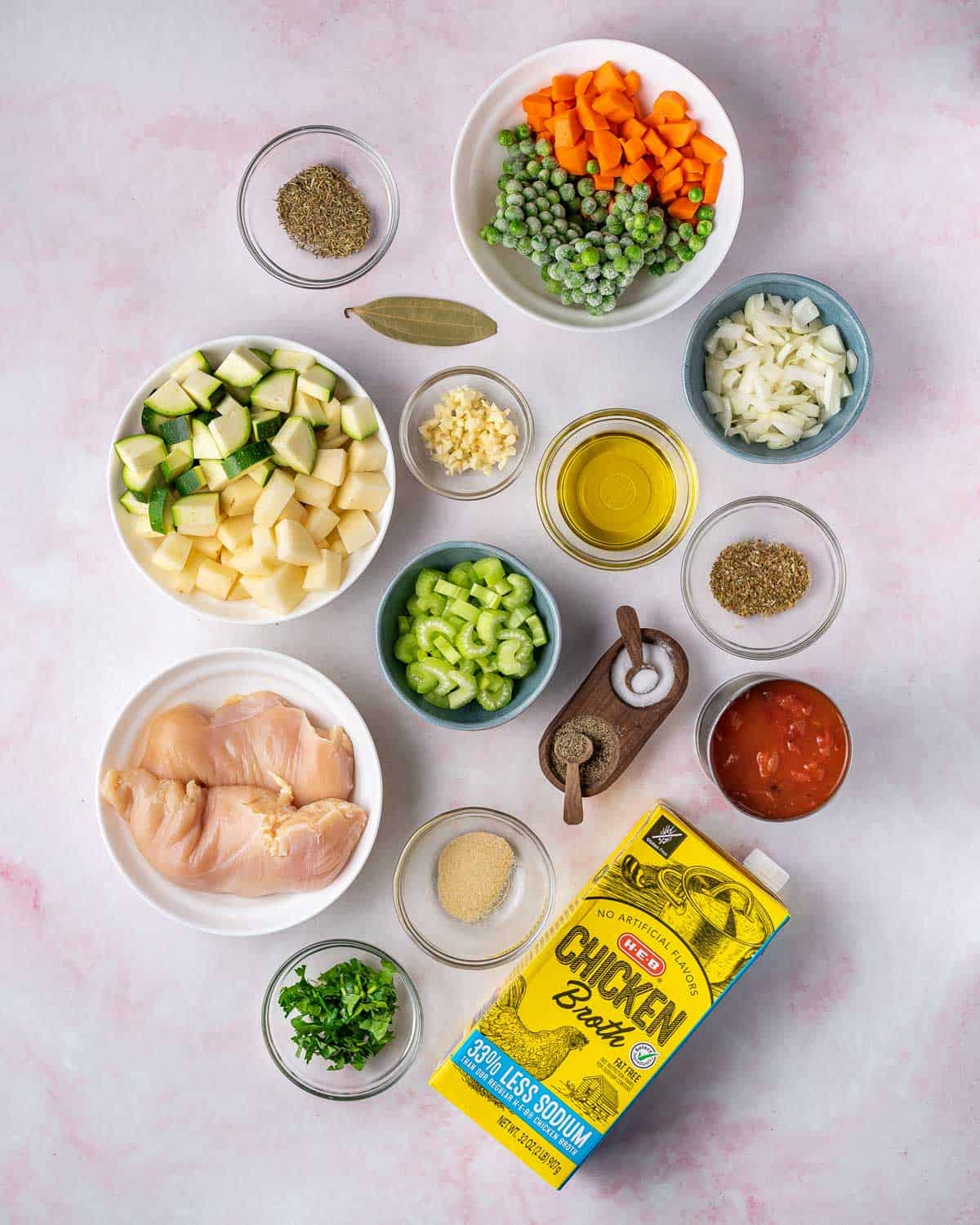 Ingredients needed to make instant pot chicken vegetable soup.