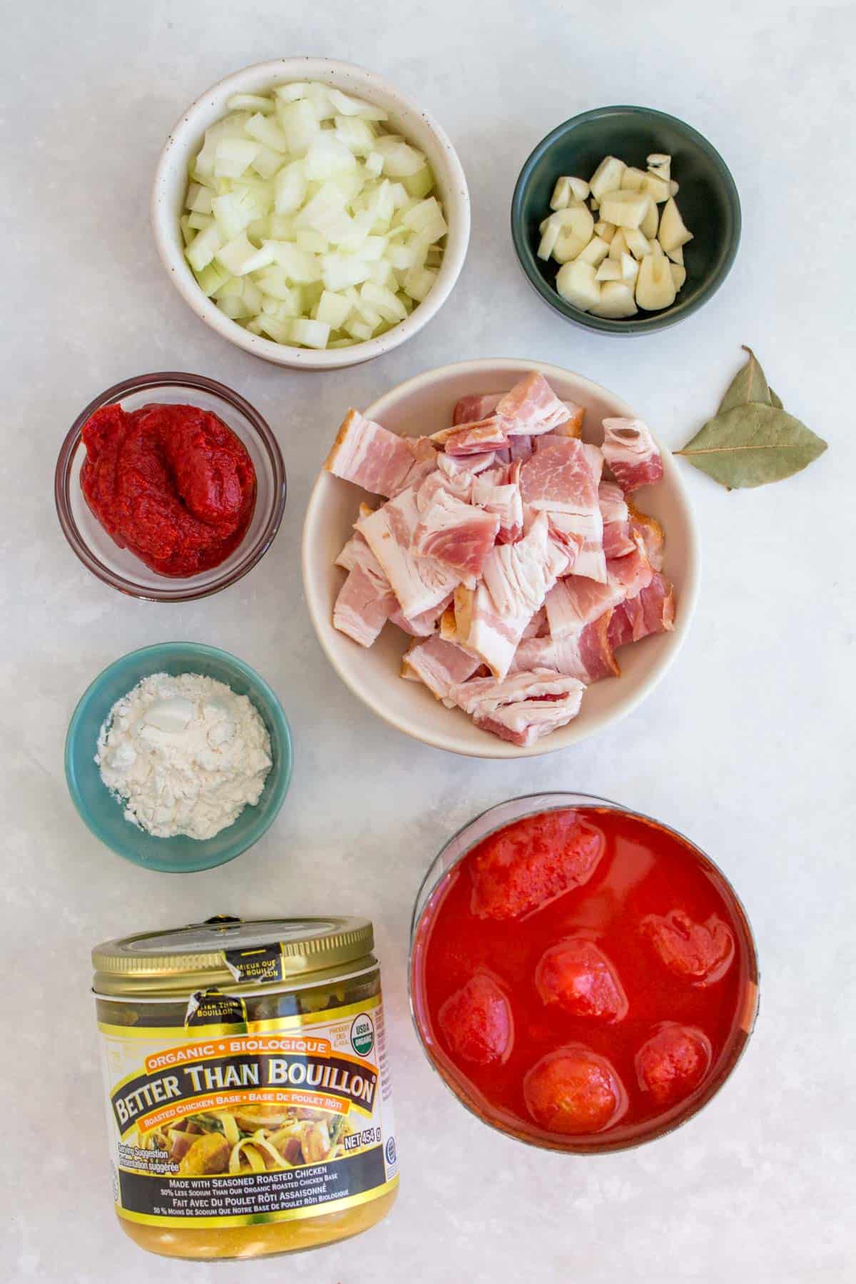 Ingredients needed for bacon tomato soup.