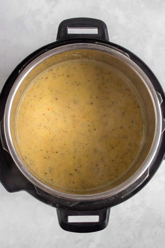 Overhead view of instant pot cheeseburger soup.
