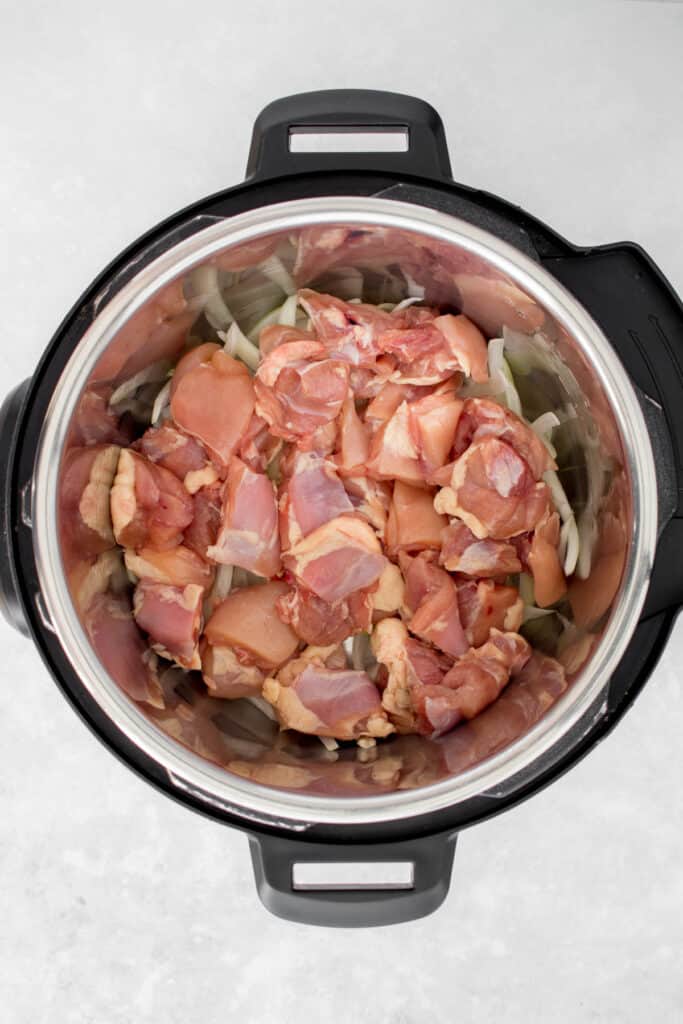 Instant pot with chicken added to it.