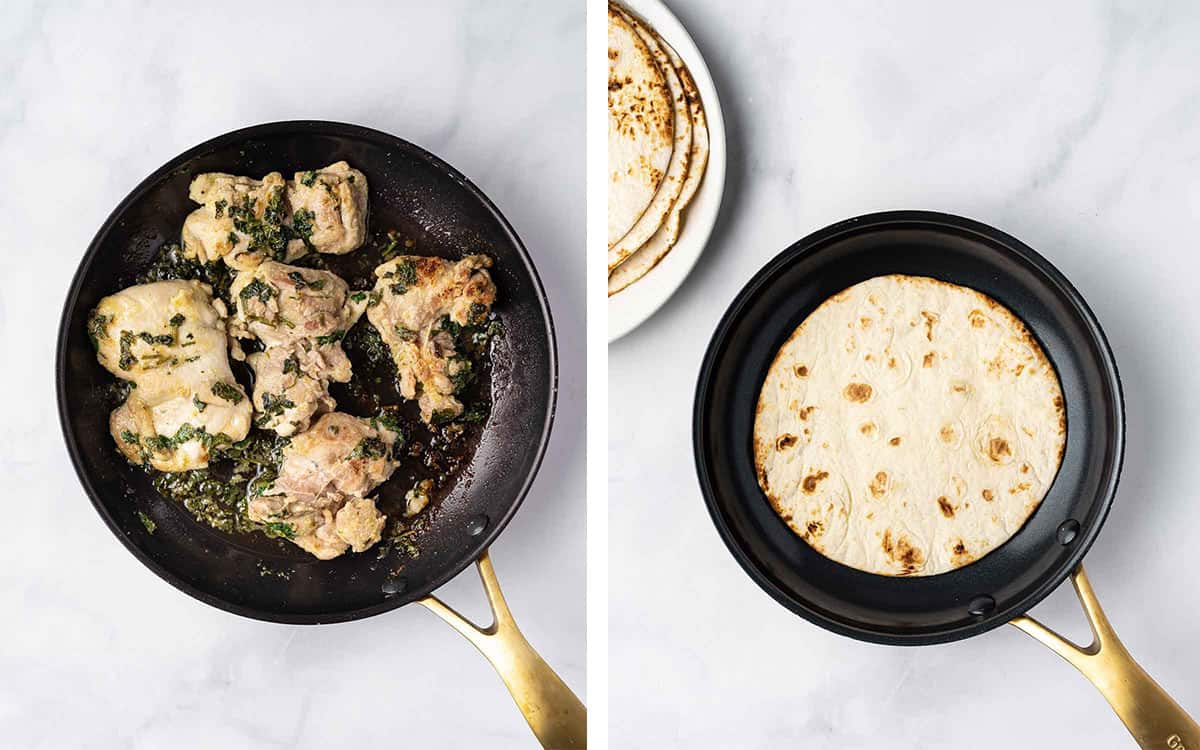 Chicken cooked in a skillet and tortillas warmed in a pan.