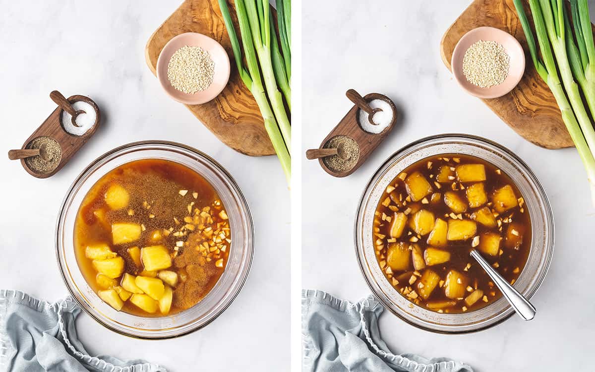 Set of two photos showing sauce mixed in a bowl.