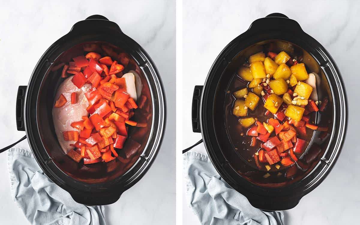 Set of two photos showing ingredients added to a slow cooker and sauce.