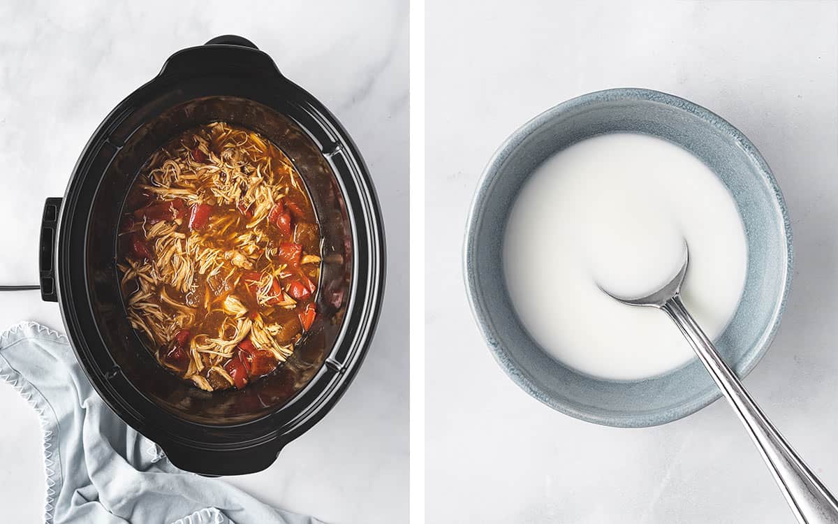 Set of two photos showing shredded chicken added to a pot and a cornstarch slurry made in a bowl.