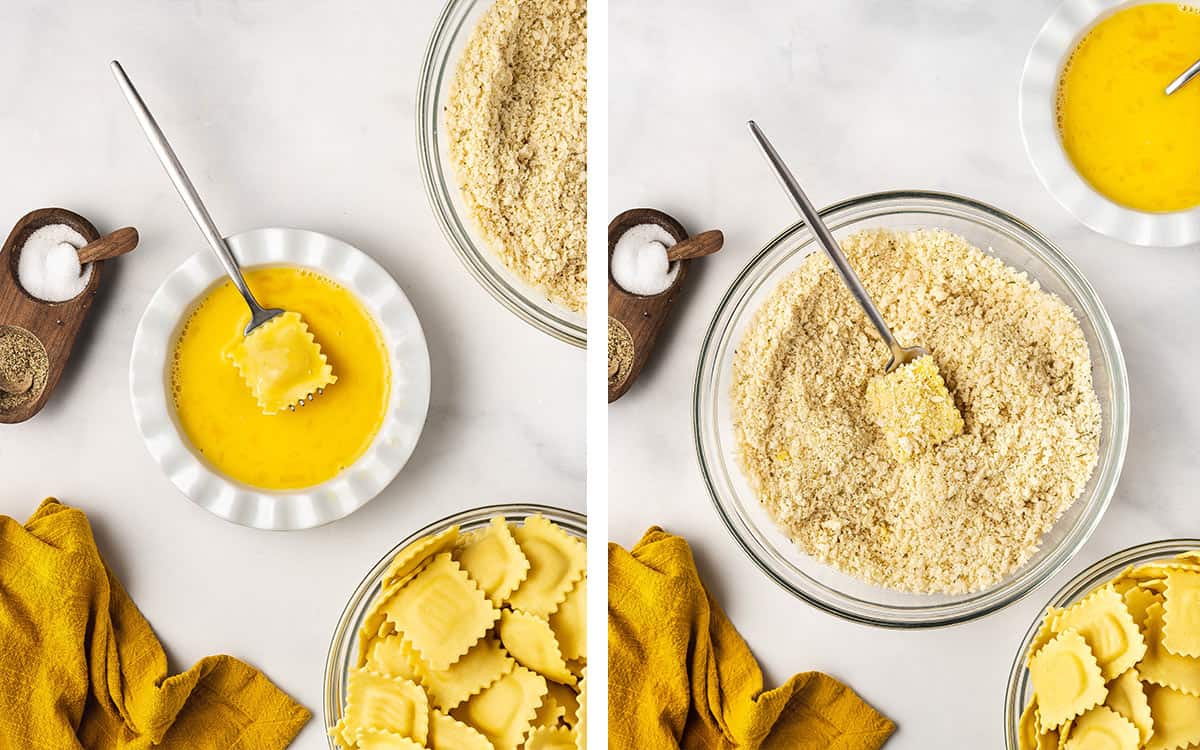Set of two photos showing ravioli dipped in egg wash and breadcrumbs.
