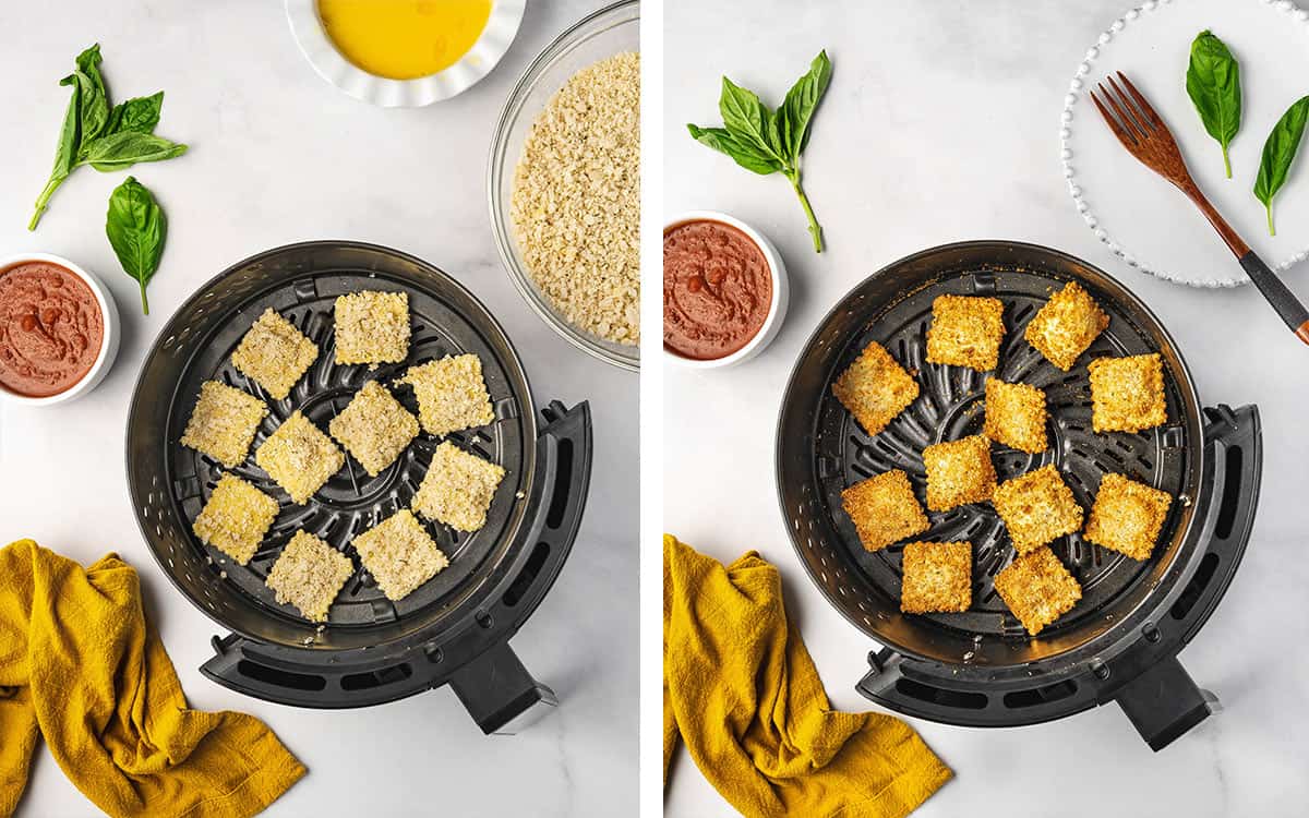Set of two photos showing air fryer raviolis before and after air frying.