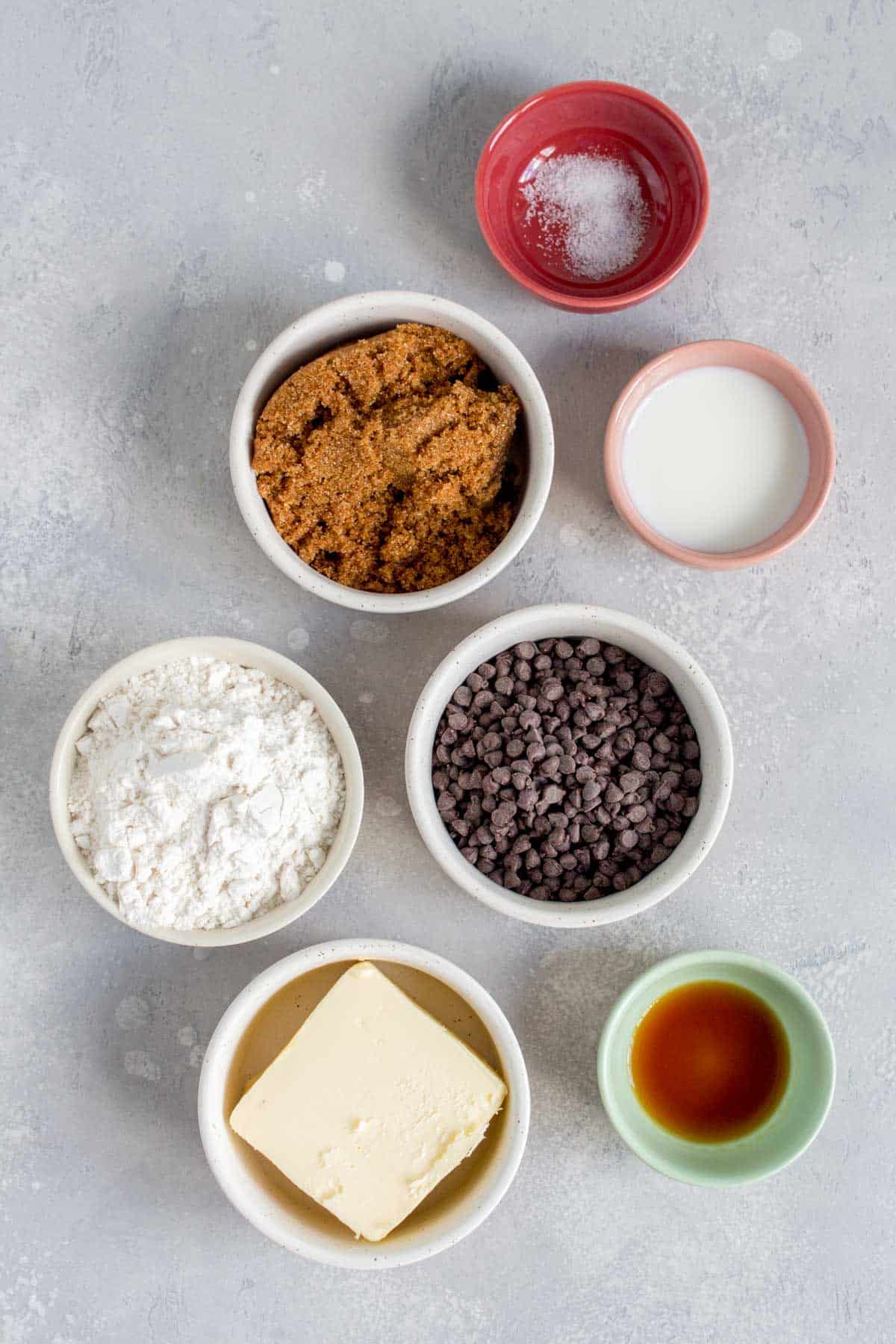 Ingredients needed to make edible chocolate chip cookie dough recipe.