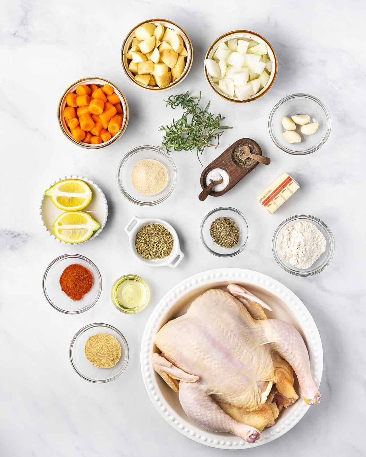 Ingredients needed to make slow cooker whole chicken.