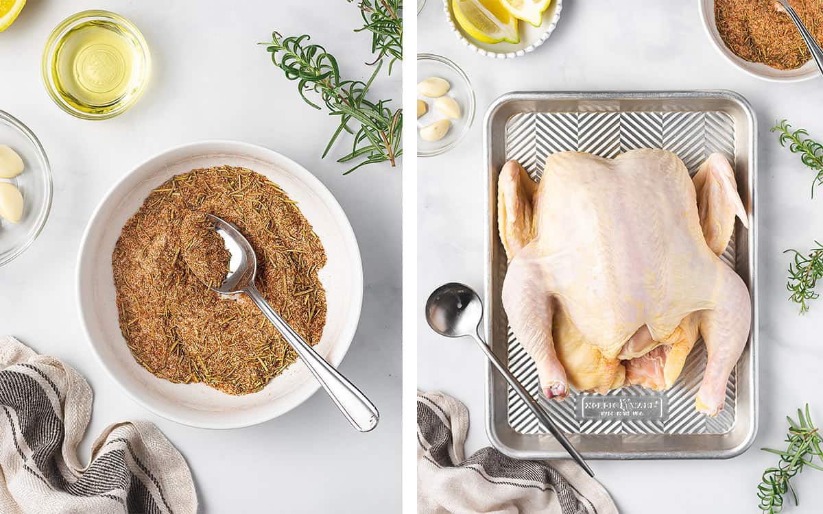 Set of two photos showing seasoning in a bowl and chicken on a sheet pan.