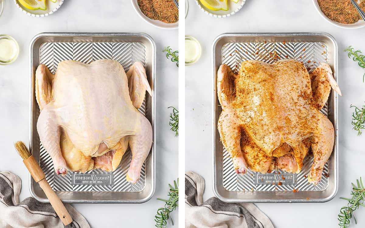 Set of two photos showing chicken brushed with oil and coated in seasoning.