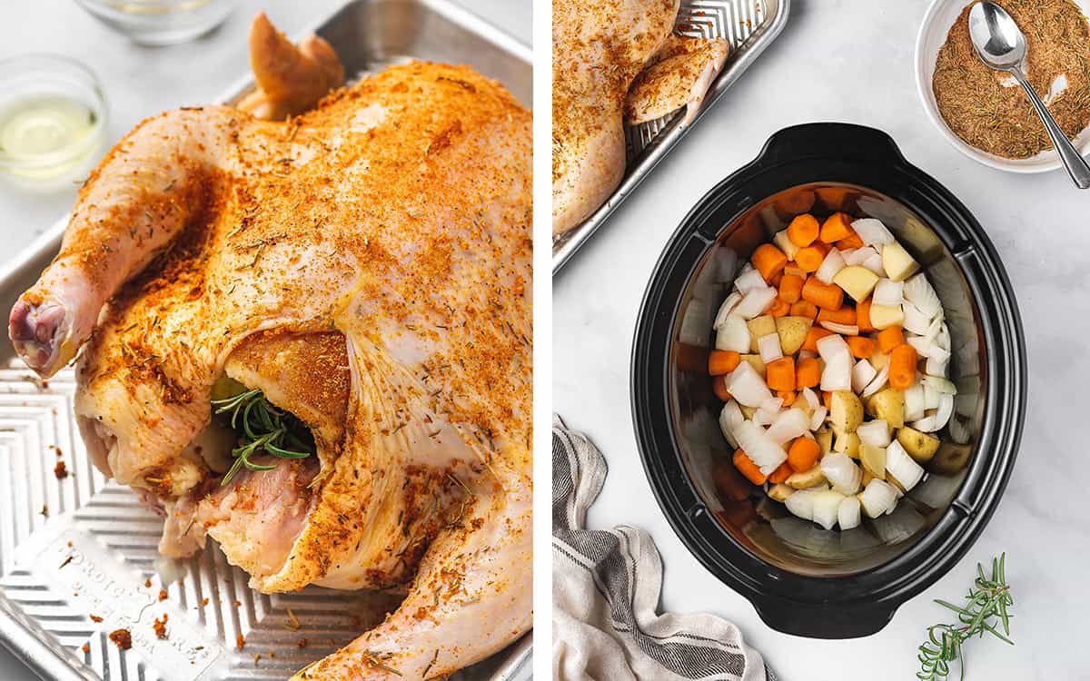 Set of two photo showing chicken cavity stuffed with aromatics and vegetables added to a slow cooker.