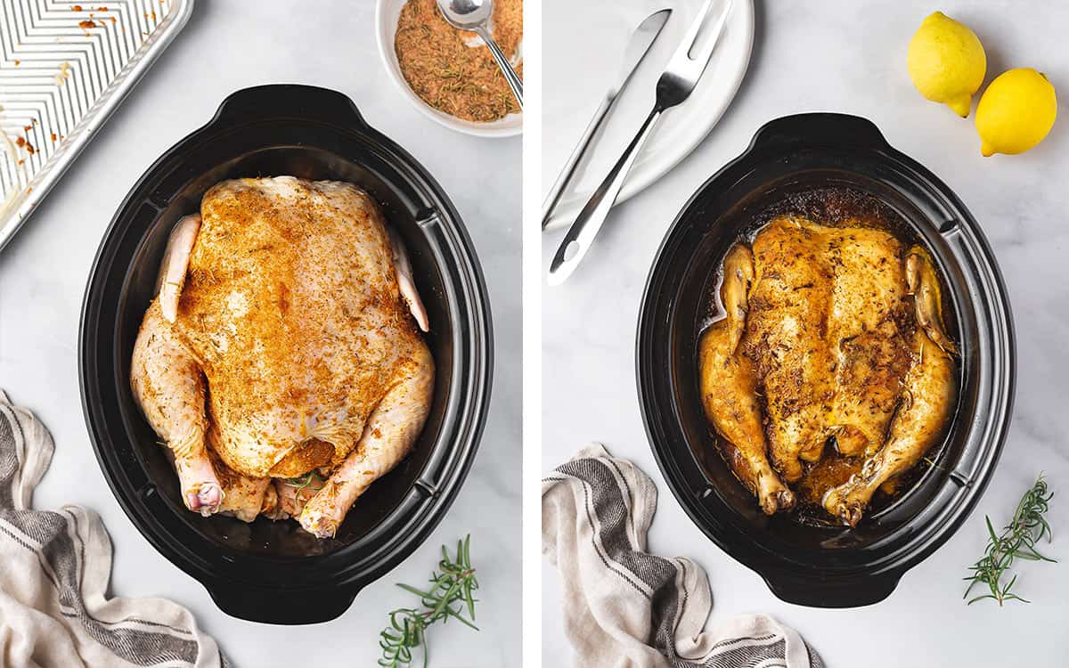 Set of two photos showing a whole chicken in crock pot before and after being cooked.