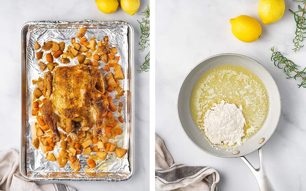 Set of two photos showing the slow cooker chicken and vegetables added to a sheet pan to broil and flour added to butter in a pan.