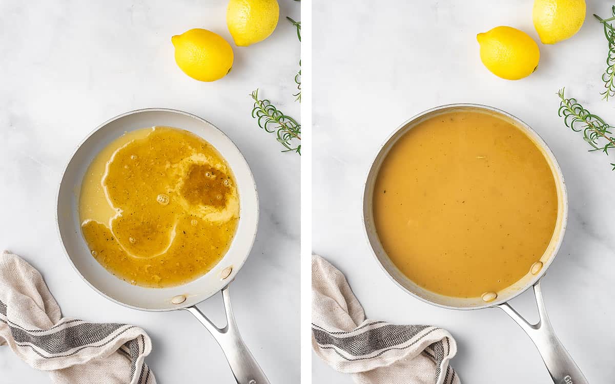 Set of two photos showing gravy made in a pan.