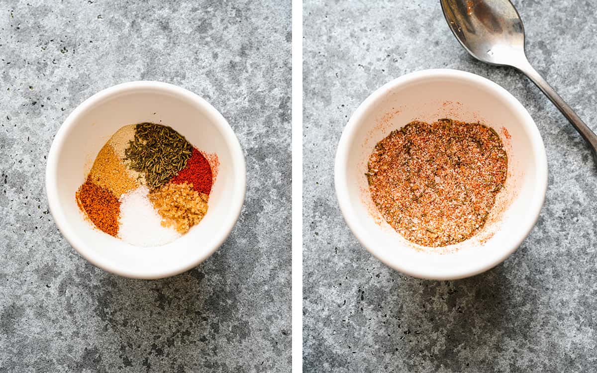 Set of two photos showing spice rub mixed.