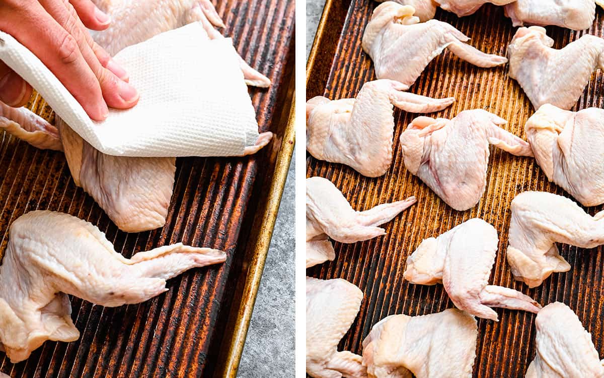 Set of two photos showing chicken patted dry and placed on a sheet pan.