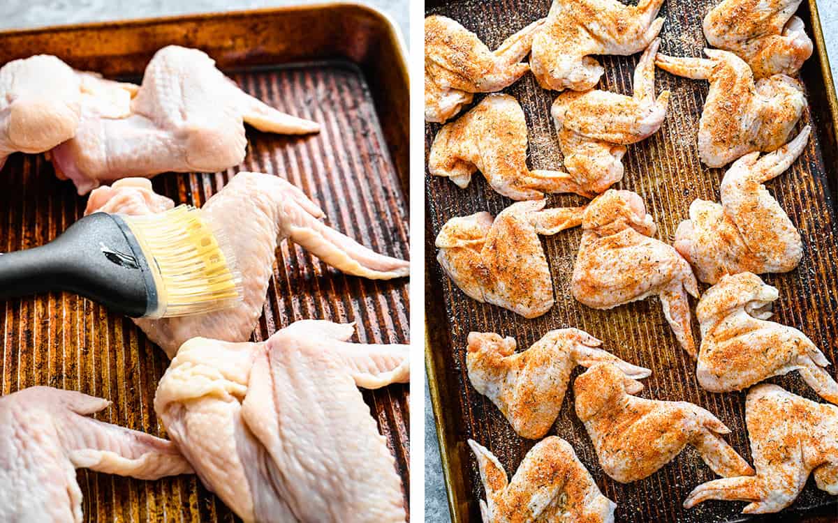 Set of two photos showing chicken wings brushed with oil then coated in seasoning.