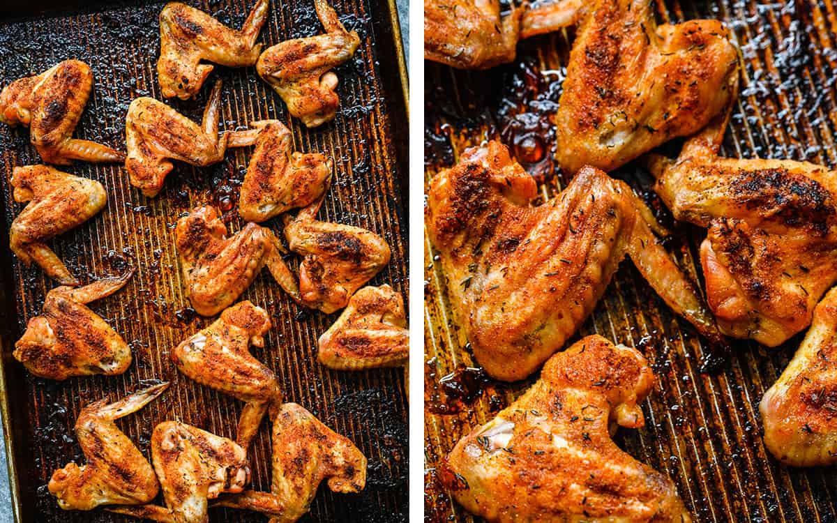 Set of two photos showing crispy, golden baked whole chicken wings.