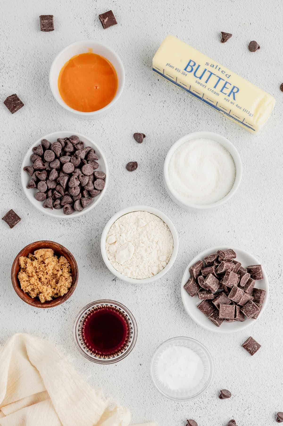 Ingredients needed to make one bowl chocolate chip cookies.