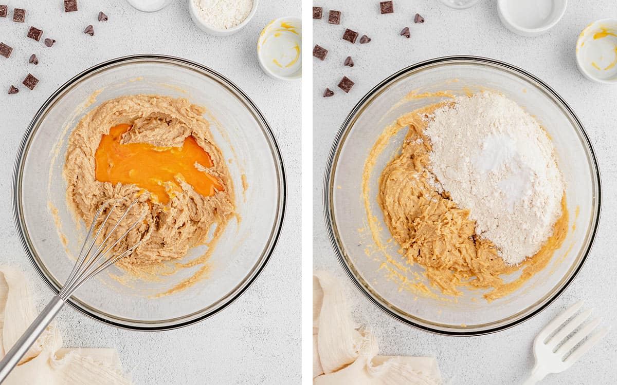 Set of two photos showing eggs and flour added to a bowl.