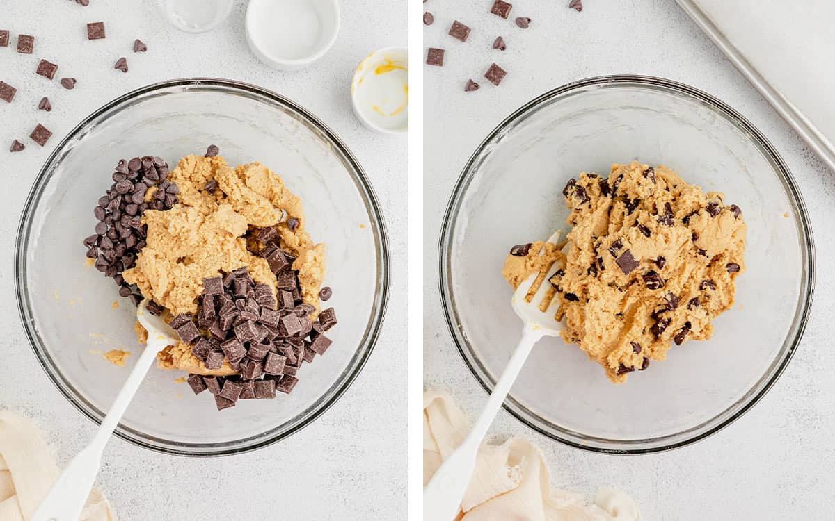 Set of two photos showing chocolate chips and chunks mixed into the cookie batter.