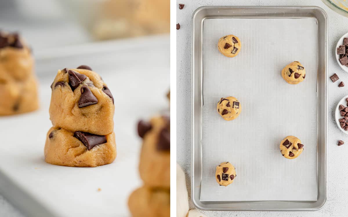 Set of two photos showing the cookie dough placed on a lined sheet pan.
