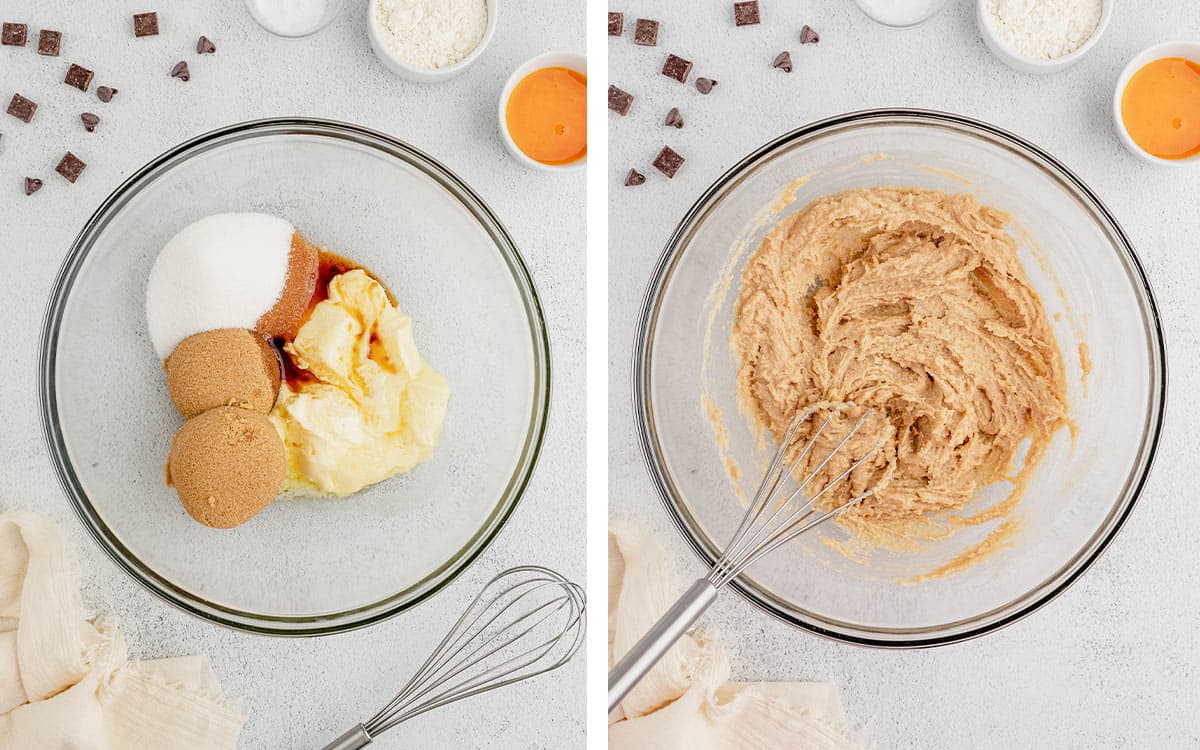 Set of two photos showing sugars, butter, and vanilla extract mixed in a bowl.