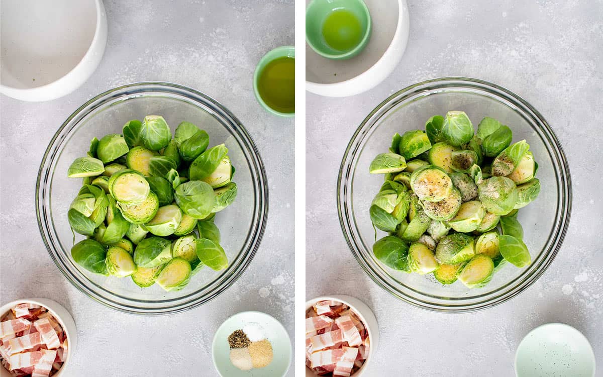 Set of two photos showing brussels sprouts added to a bowl and oil with salt and pepper added.