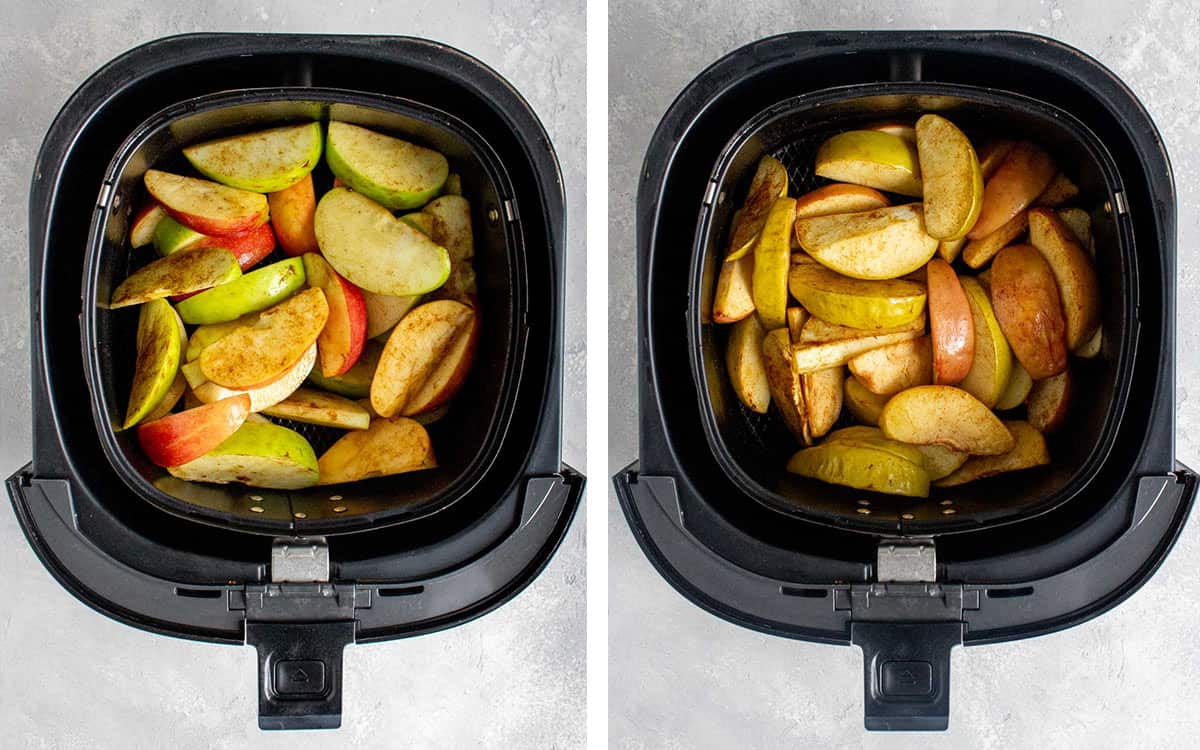 Set of two photos showing apples before and after air frying.