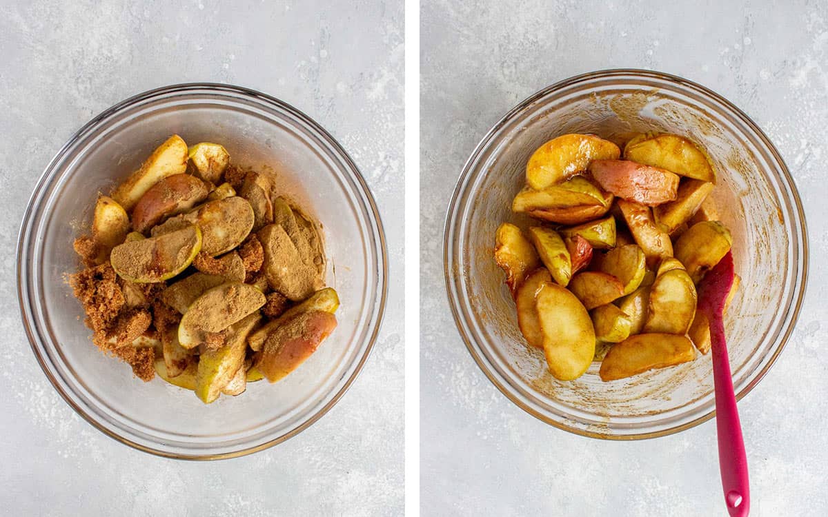 Set of two photos showing seasoning added to the fried apples.