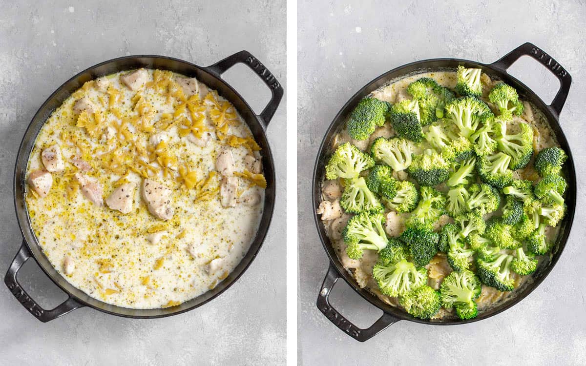Set of two photos showing liquid, pasta, and broccoli added to a pan.