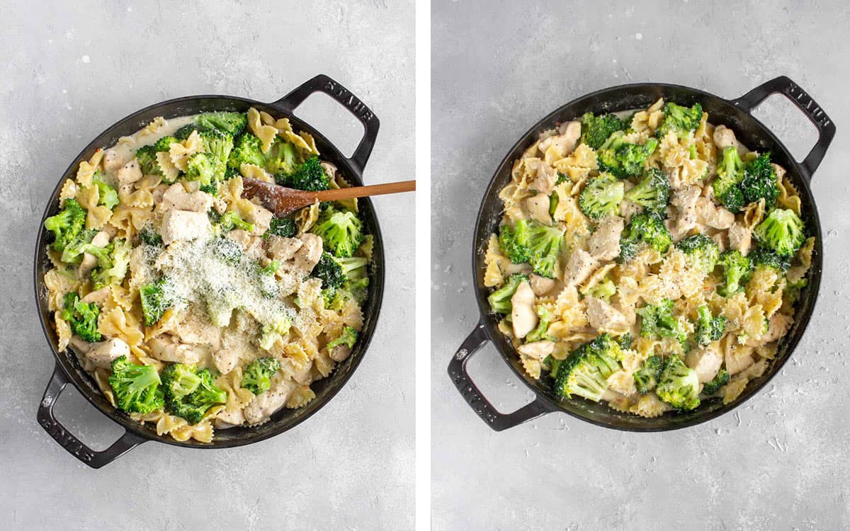 Set of two photos showing parmesan added and mixed into the pot of pasta.