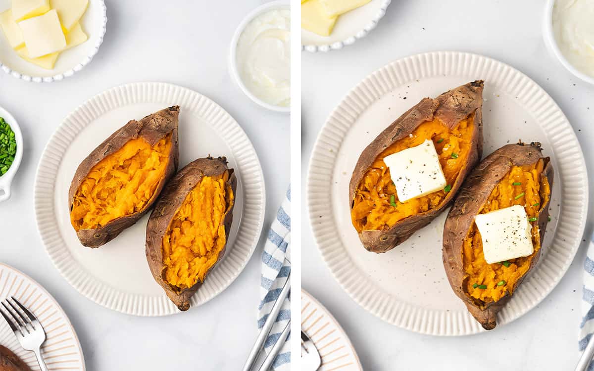 Sweet potatoes on a plate sliced opened and a piece of butter placed on top.
