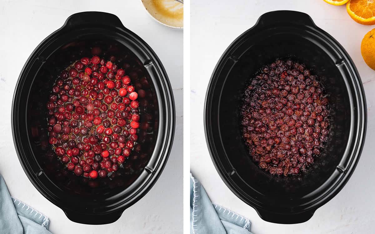 Set of two photos showing the cranberries cooking in the sauce cooker.
