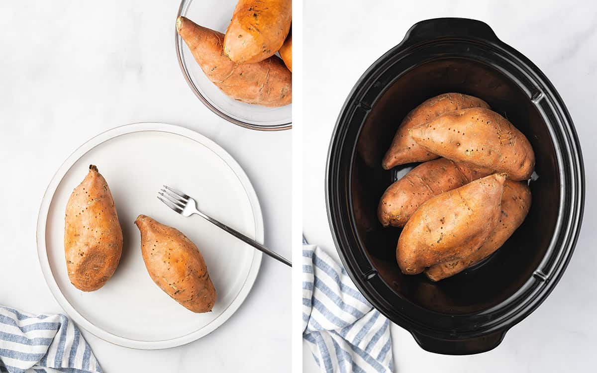 Sweet potatoes pricked with a fork and added to a crockpot.