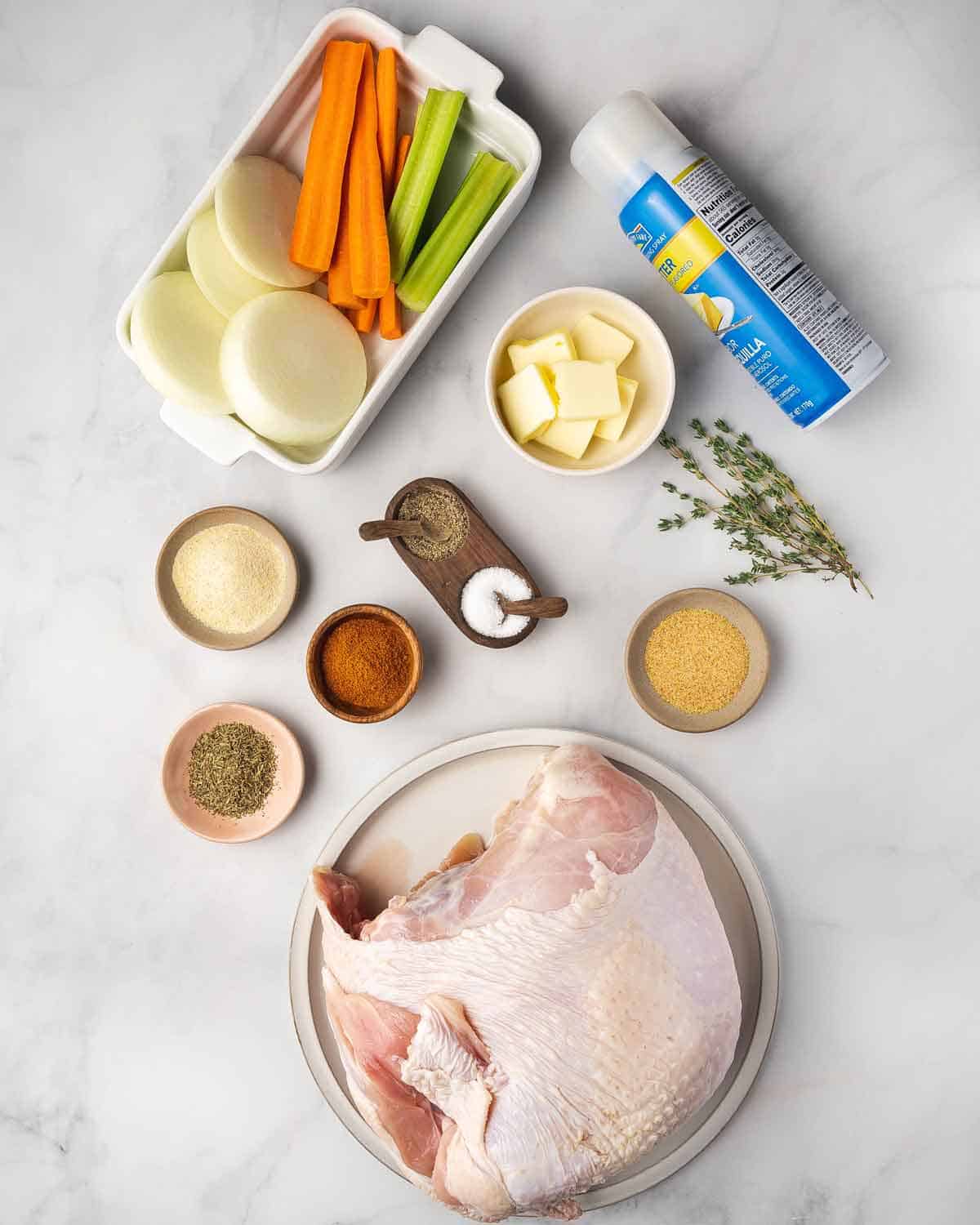 Ingredients needed to make a slow cooker turkey breast.